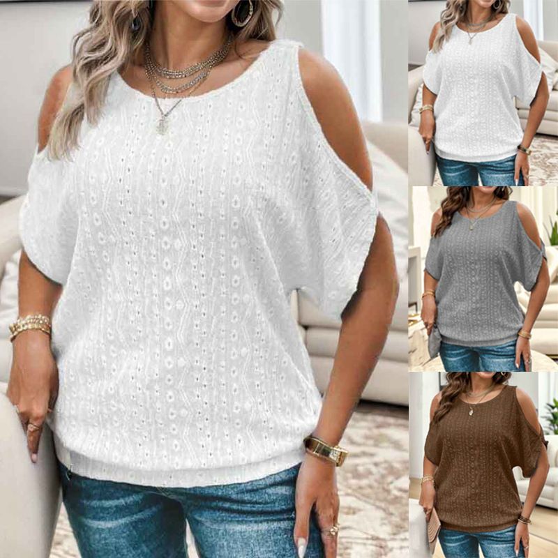 Women's Clothing 2024 new solid color off-shoulder hollow T-shirt top_voghion.com
