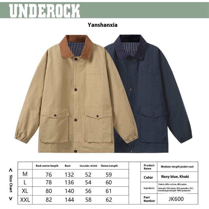 Giacca da uomo in stile vintage americano, cappotto oversize in cotone lavato con tasca staccabile per l'autunno_voghion.com