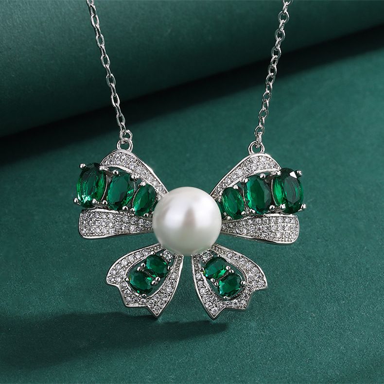 Jewelry Two-piece Fritillary Pearl Gemstone Bow Necklace Ring Emerald Gemstone Pendant_voghion.com