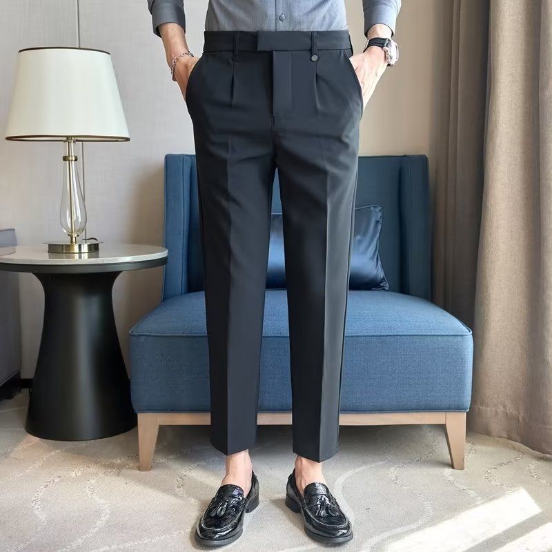 Spring And Summer New Men's Suit Pants Men's Solid Color Non-ironing Casual Pants Commuting To Work Slim-fitting Solid Color Nine-point Pants_voghion.com
