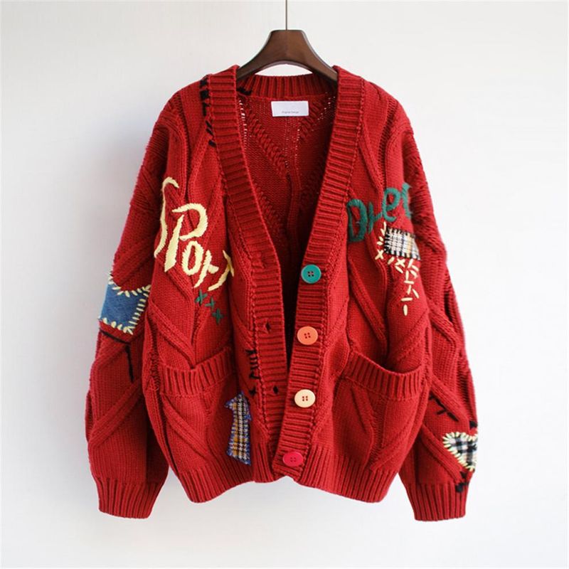 Roupas femininas Bordado Cardigan curto Casaco suéter com perna larga fina e versátil Calça jeans para esfregar_voghion.com
