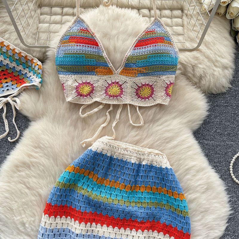 Ensemble de plage pour femme, tenue d'été, pur désir, caraco dos nu + jupe en maille ajourée colorée_voghion.com