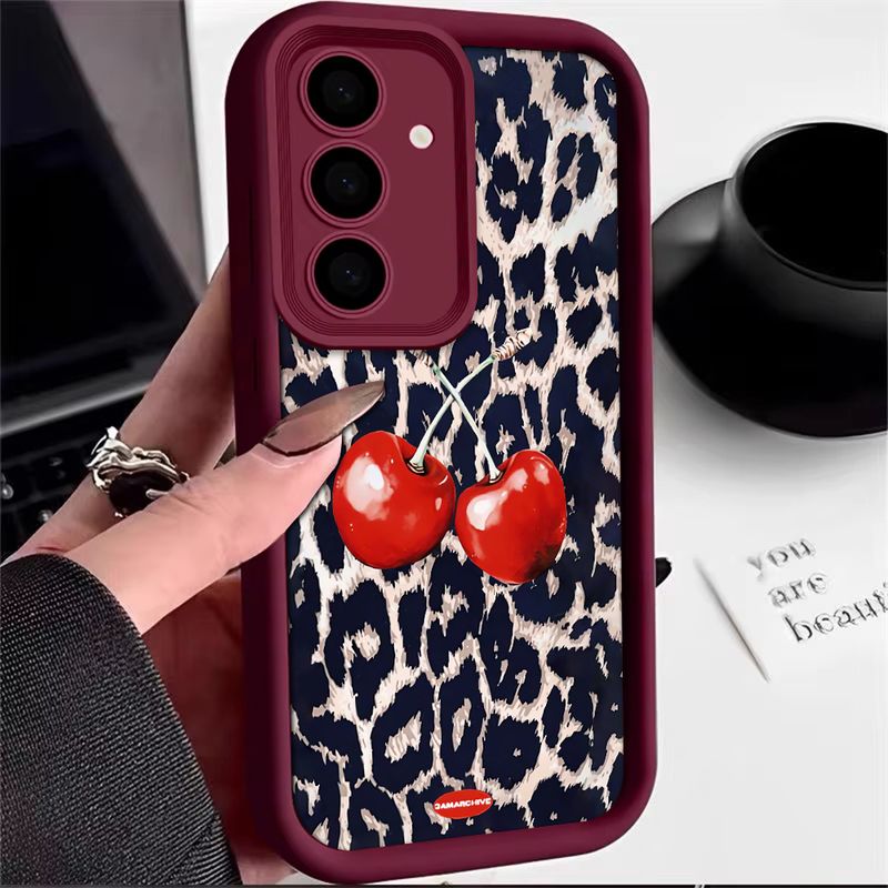 Chic Cherry Leopard Print Phone Case For Samsung Galaxy S23 S22 S21 S25 S24 S20 A35 A55 A35 A15 Note 20 Plus Ultra FE 5G Cover_voghion.com
