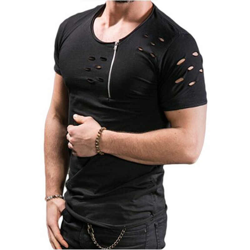 Herrenbekleidung Herren lässige Mode Kurzarm-T-Shirt verbrannte Blume Reißverschluss Dekoration Herrenbekleidung_voghion.com
