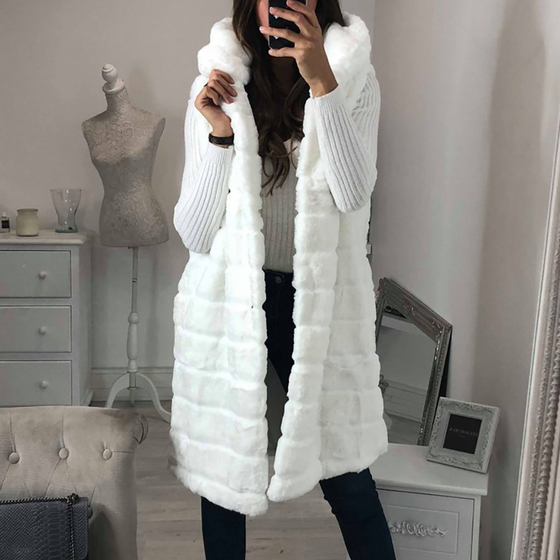 Cappotto con cappuccio in pelliccia imitazione pelliccia di coniglio di media lunghezza da donna_voghion.com