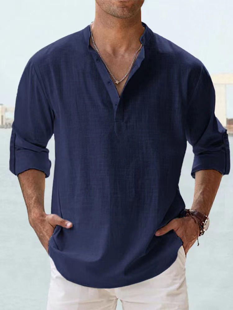 2025 Foreign Trade Men's Stand-up Collar Long-sleeved T-shirt Loose Undershirt Solid Color Long-sleeved Cotton And Linen Shirt Men_voghion.com