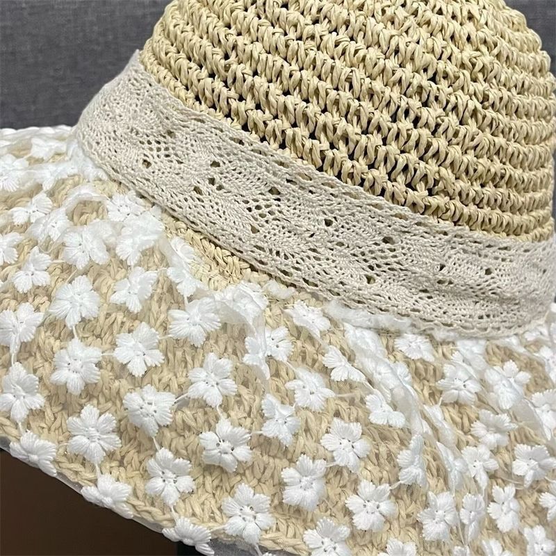 Cappello di paglia con lacci, cappello di paglia da donna, cappello da spiaggia con protezione solare, cappello da sole in pizzo_voghion.com