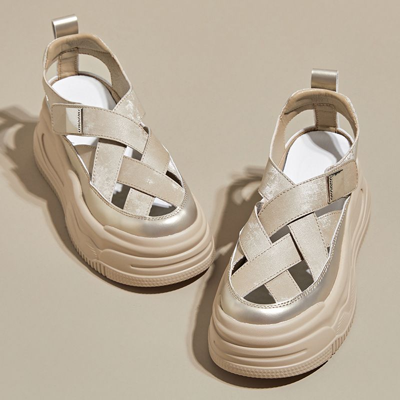 Echtleder-Sandalen für Damen, Sommer 2024, Outdoor, geschlossene Zehenpartie, römischer Stil, lässige Schuhe mit dicker Sohle, Schweinskäfig-Design, gewebte Sportschuhe_voghion.com