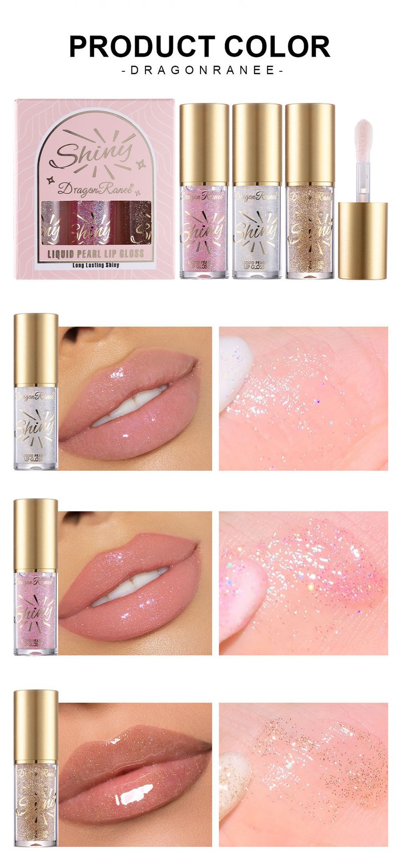 3-Piece Set Of Large-Brush Mirror Finish Lip Gloss - Shimmery Lip Oil & Lip Glaze With Pearlescent Sheen, Hydrating Formula, Fine Glitter Particles_voghion.com