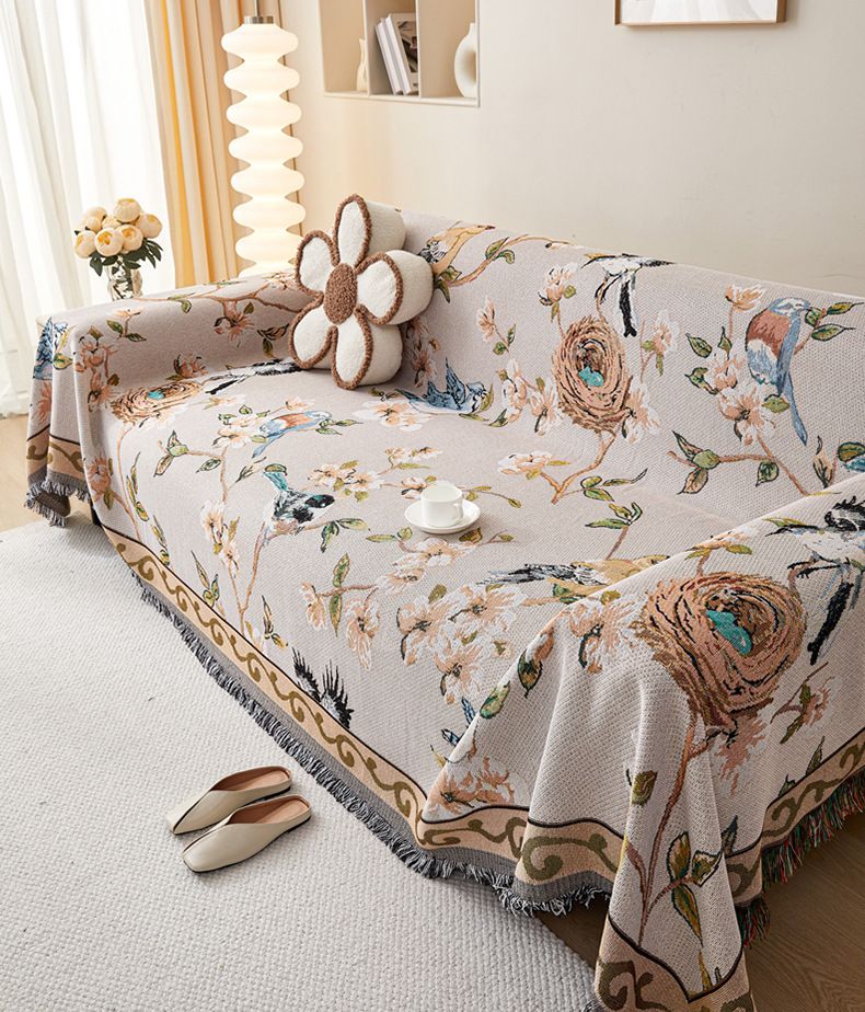 American Style Ethnic Floral Sofa Cover Throw Blanket - Thick Cotton Polyester Fabric For 3-Seater Couch - Geometric Patterns In Multiple Sizes_voghion.com