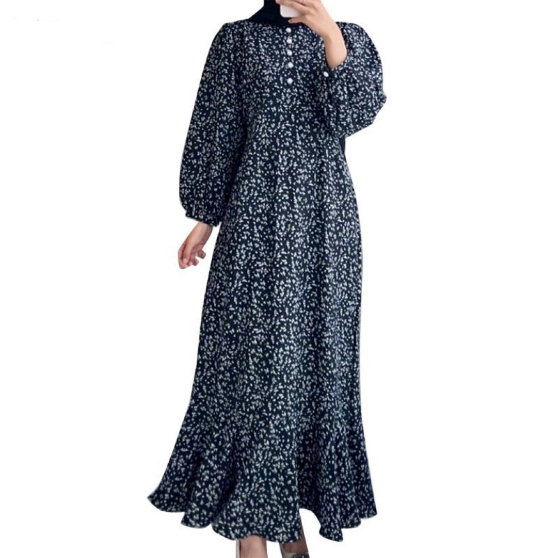 Women's Clothing Muslim Casual Long Sleeved Open Door Loose Printed Button Down Dress_voghion.com