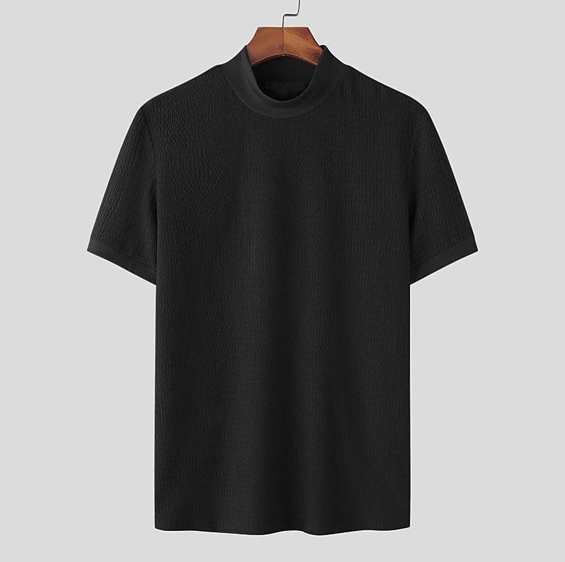 Unbeatable Quality 2024 Summer New Casual Simple Knitted Bottom Shirt For Men's High Collar Water Wave Solid Color T-shirt_voghion.com