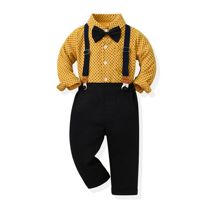 Kinderbekleidung Zweiteiliges, einreihiges, langärmliges, bedrucktes Baumwollhemd und Hosenträger für Jungen_voghion.com