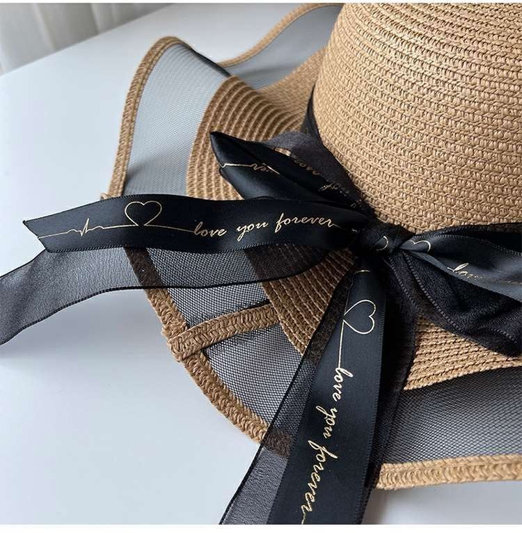 Cappello da spiaggia, cappello di garza con protezione solare, cappello estivo da donna, cappello di paglia con fiocco, cappello da sole a tesa larga, cappello da sole da mare_voghion.com