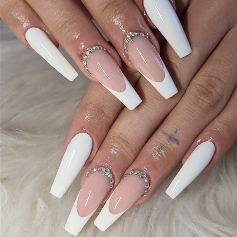 Square 24Pcs Long False Nails with Glue French Rhinestone Design Fake Nail Wearable Acrylic Press on Nails Ful_voghion.com