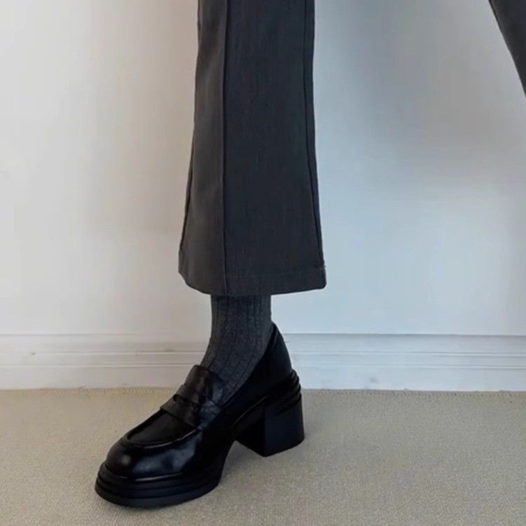 Versione in pelle di pecora ~ Mocassini da donna con punta tonda alta e suola spessa, stile britannico, slip-on, versatili, con tacco spesso_voghion.com