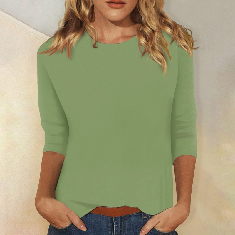 Maglietta essenziale con scollo tondo e maniche a 3/4 - Top basic in morbido misto poliestere per donna, versatile, casual e da indossare a strati_voghion.com