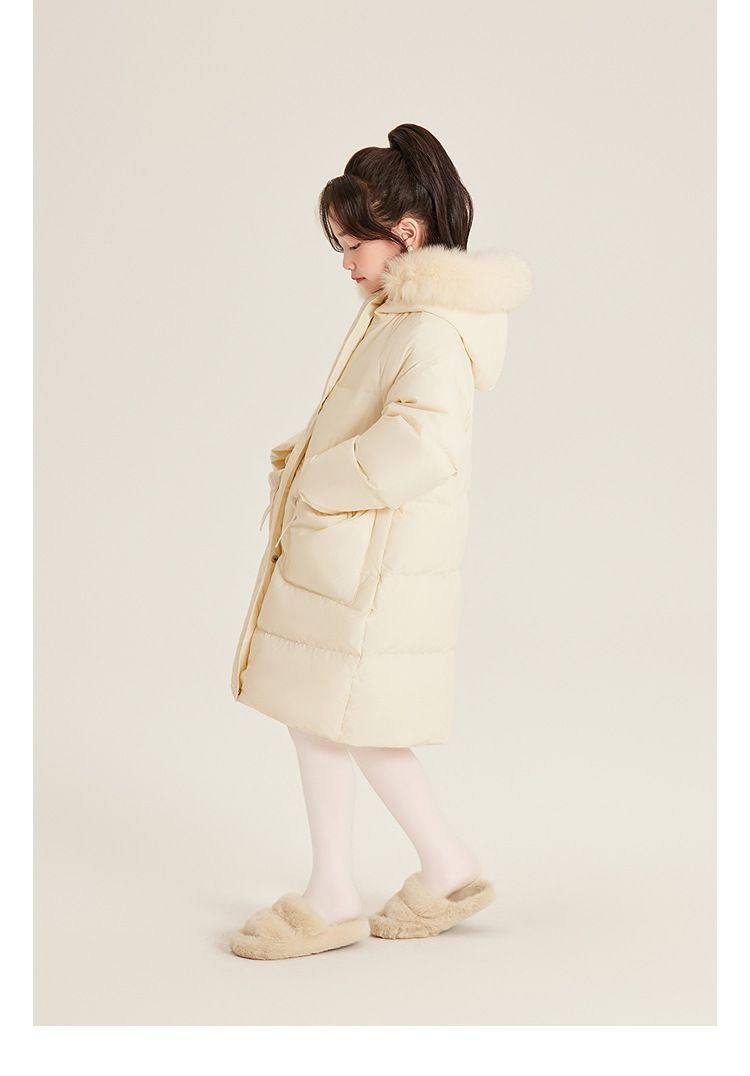 Amybaby Piumino per bambine Inverno 2024 Nuovo stile Piumino di media lunghezza con cappuccio e collo in pelliccia di latte_voghion.com