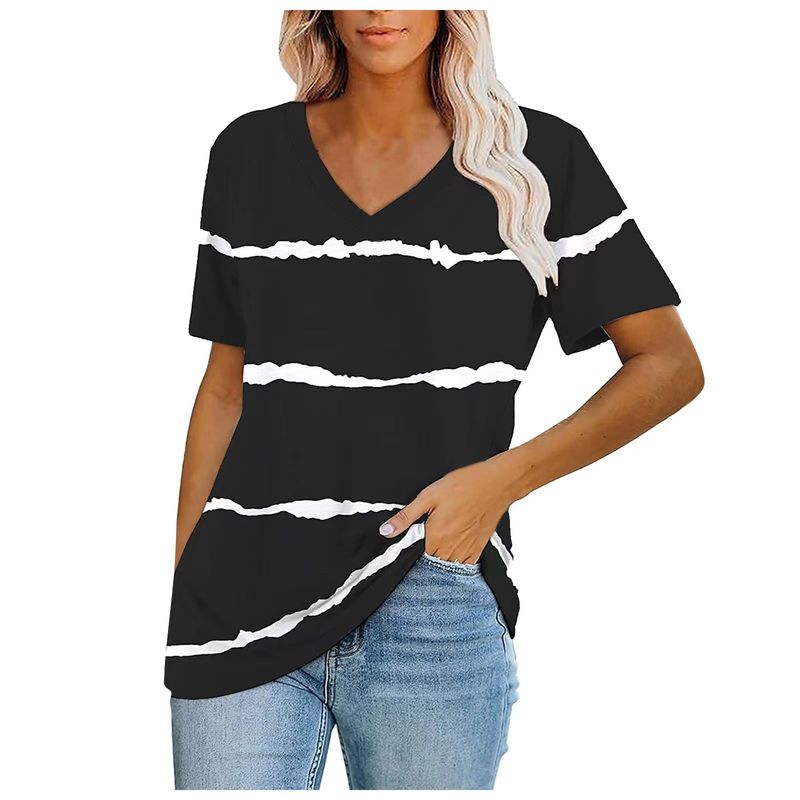 T-shirt casual da donna a righe con scollo a V e maniche corte_voghion.com