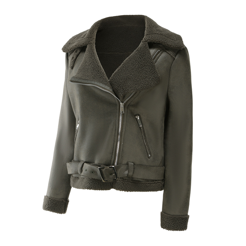 Damenbekleidung Herbst und Winter Pelz Integrierte warme Wildlederjacke Ledermantel Gürtel Reversmantel_voghion.com