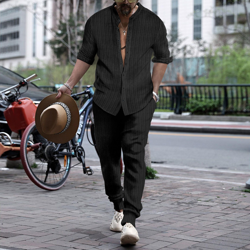 Herbst Herren gestreiftes Hengli Kragen Hemd Hose Trendy Casual Sports Set_voghion.com