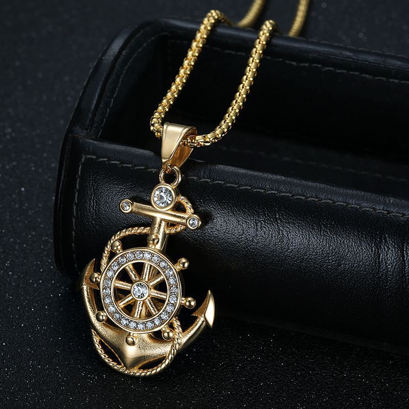 Hip hop jewelry titanium steel vacuum gold plated rhinestone anchor pendant necklace_voghion.com