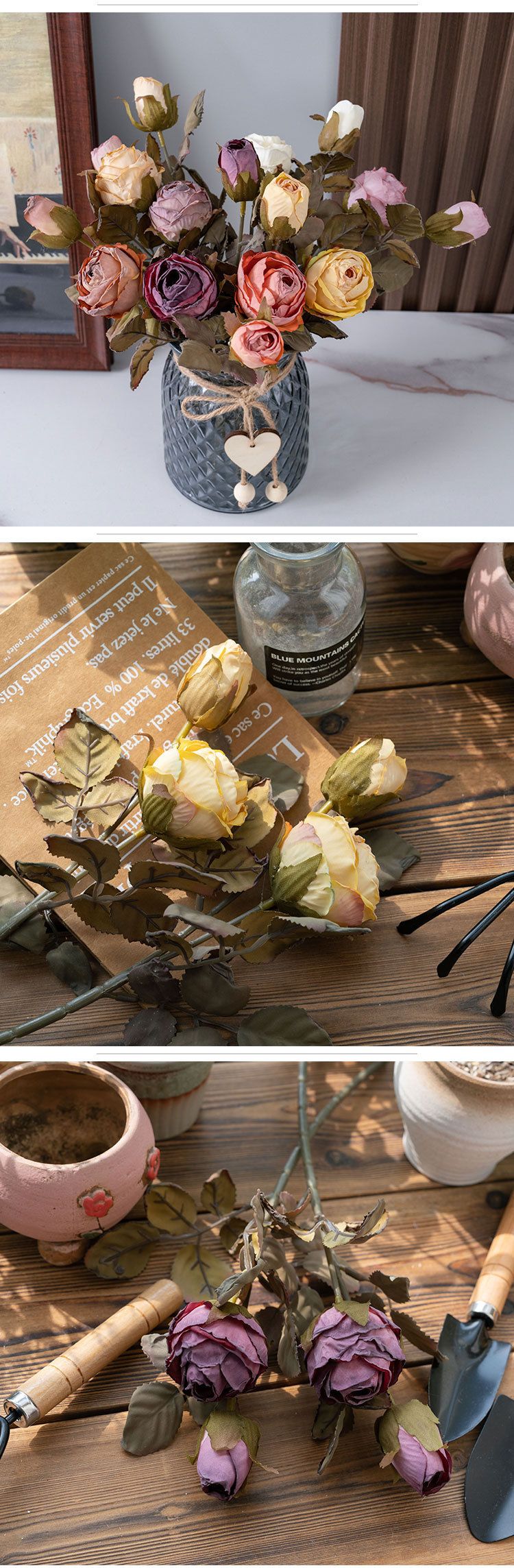 Fleurs artificielles et séchées Fleur artificielle Double tête Rose d'été séchée Style INS Fleur artificielle Décoration de la maison_voghion.com