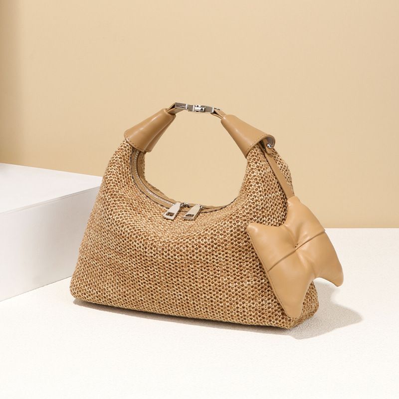Summer New Straw Woven Women's Versatile Dumpling Casual Beach Vacation Stylish Raffia Handbag Lunch Box Bag_voghion.com