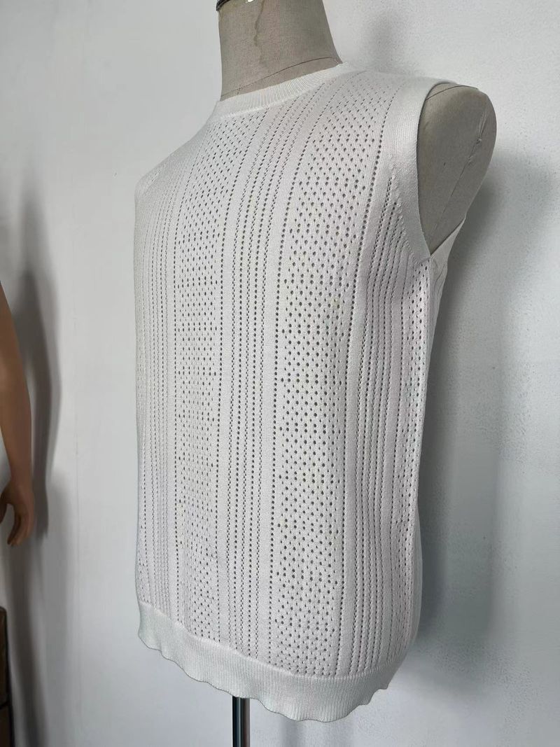 Sommer Herren Neue Einfarbige Strickmode Ärmelloses Top Hohl Atmungsaktiv Rundhals Casual Weste_voghion.com