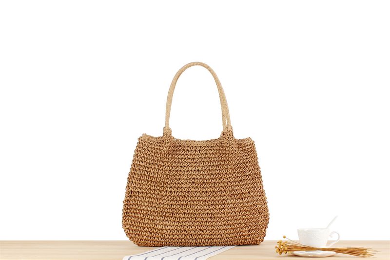 Slouchy Borsa intrecciata a mano in tinta unita Bocca a pieghe Borsa a spalla singola in paglia Borsa per pendolari per le vacanze_voghion.com