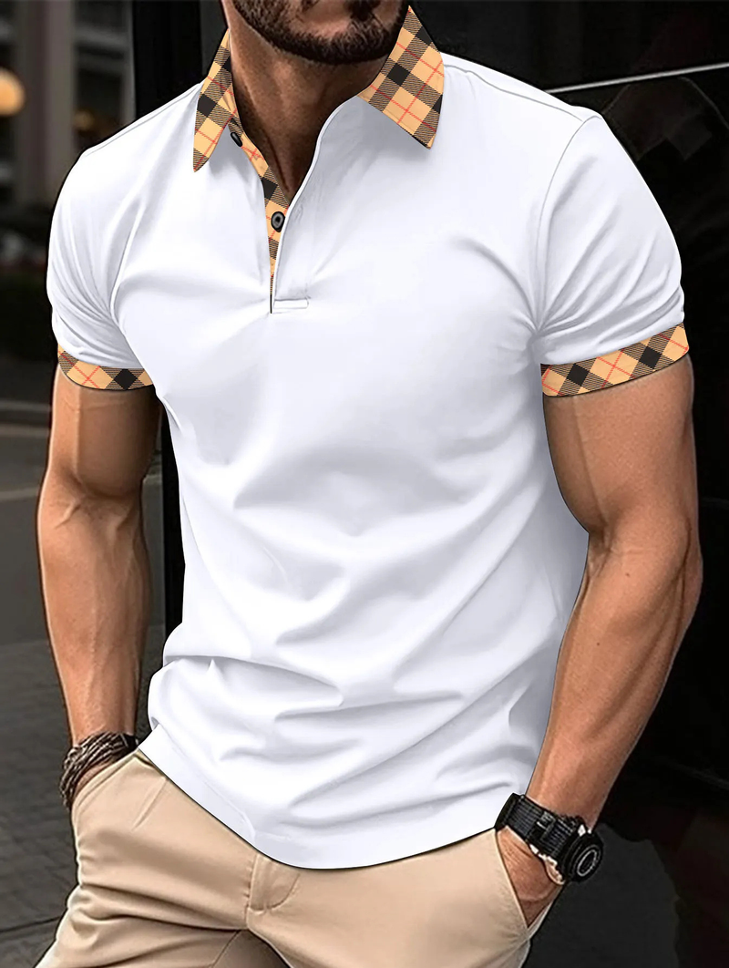 Camisa polo masculina slim fit - gola xadrez casual | Camiseta fashion de manga curta_voghion.com