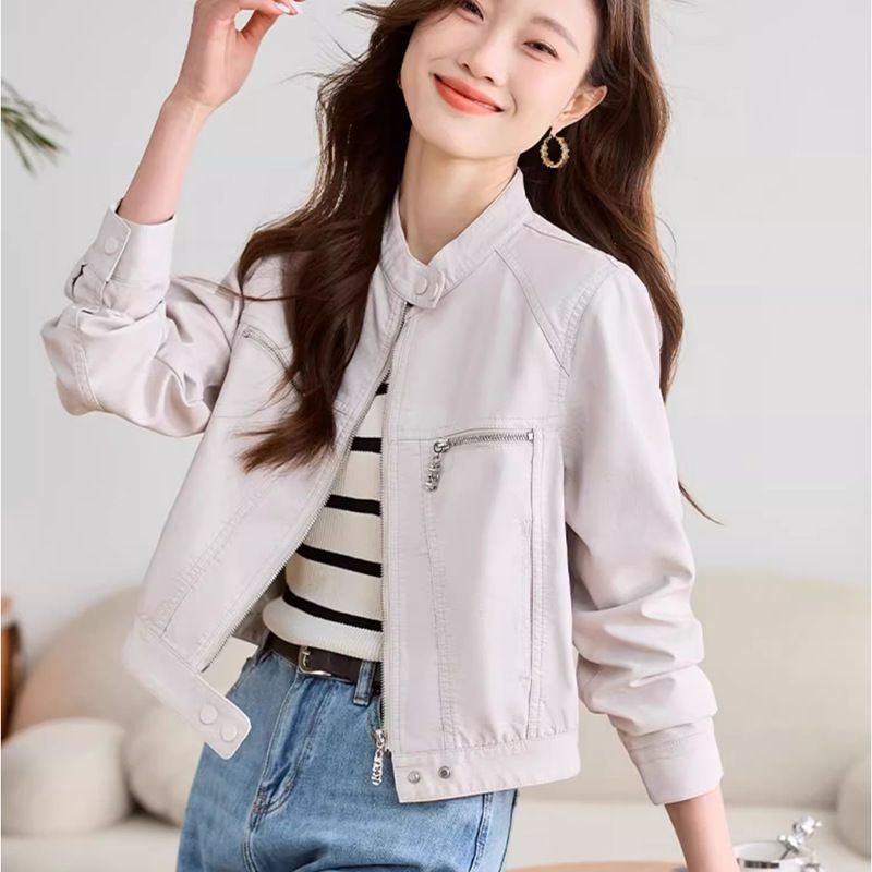 2024 Spring New Women's With Small Stand Collar, Black Trendy Cool Fashionable Short Washed Motorcycle Leather Jacket_voghion.com