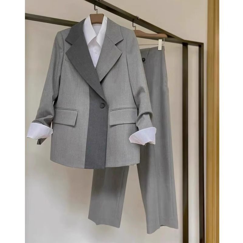 Conjunto de blazer profissional e calça de perna larga para mulheres - Roupa confortável para escritório e casual (blazer cinza / blazer e calça cinza, P/M/G/GG)_voghion.com