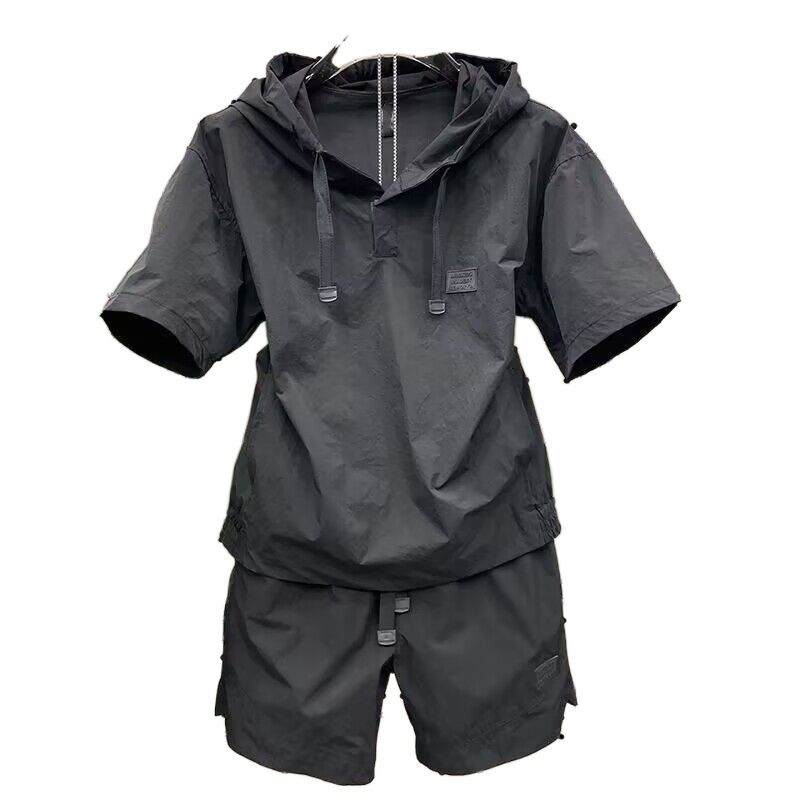 Unbeatable Quality Summer Lightweight Breathable Sun Protection Hooded Short Sleeved Shorts Two-piece Set For Men's Trendy Simple Solid_voghion.com