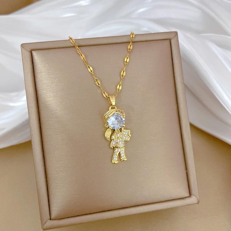 Collar con incrustaciones de circonitas y dijes de niña en color dorado para mujer, gargantilla de pareja, cadena colgante, accesorios de joyería Diy_voghion.com