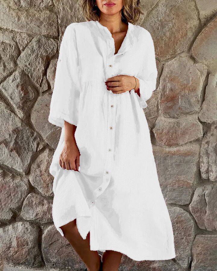 Vestito midi da donna in cotone e lino, casual, di grandi dimensioni, con bottoni, tinta unita, commercio estero all'ingrosso_voghion.com