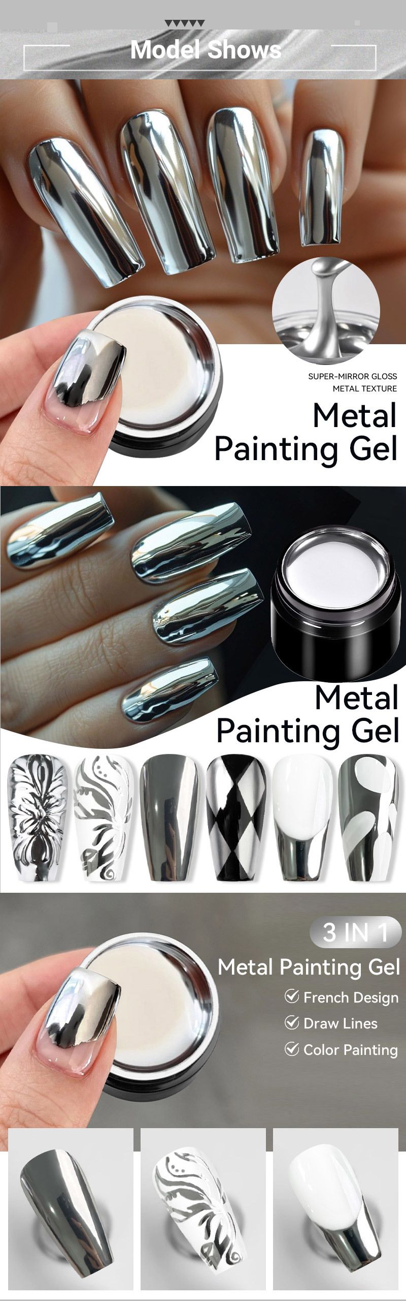 Colla per unghie in barattolo, colla metallizzata lucida, smalto per unghie argento, bordo a gancio, super flash, specchio argento_voghion.com