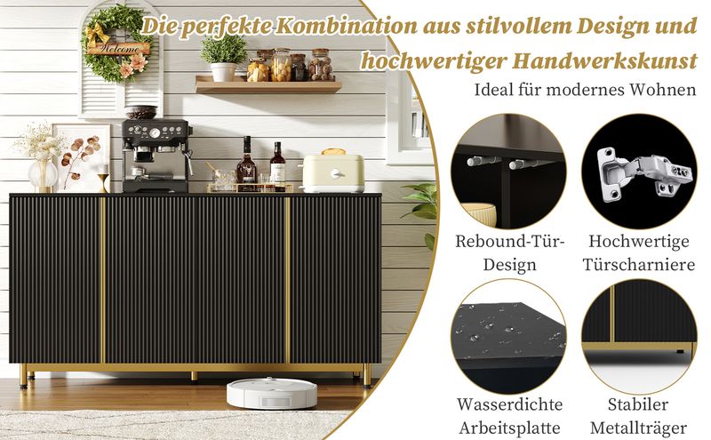 Credenza Schwarz 150cm Mit Wellenförmigen Türen, Verstellbaren Füßen Für Esszimmer_voghion.com