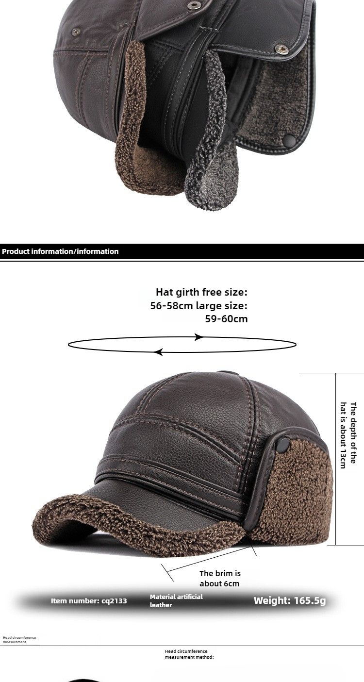 Hat men's winter ear protection neck warm in the elderly cap pu leather windproof cold velvet baseball cap_voghion.com