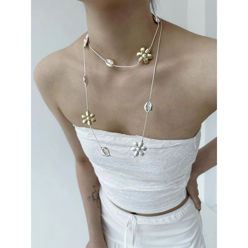 Trendy Metall Blume Farbe-Block Lange Halskette Für Frauen Ins High-End Nische Layered Pullover Taille Kette Mode_voghion.com