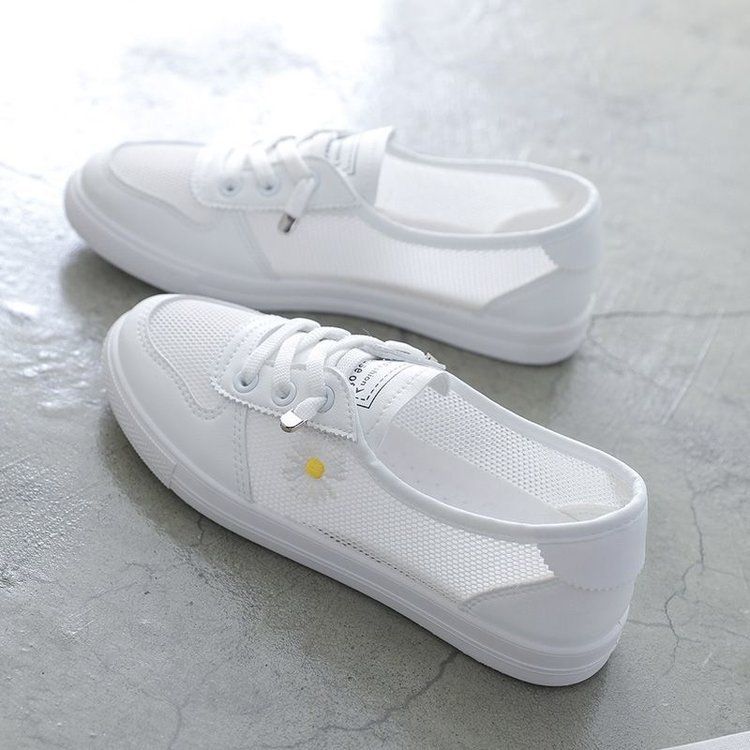 Little White Shoes Women's Thin Mesh Breathable Mesh Shoes Korean Edition Student Children Flat Bottom One Pedal Lazy Shoes_voghion.com
