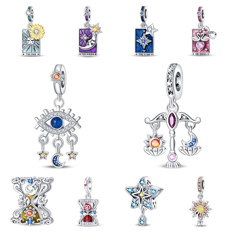 Gioielli da donna, ciondolo a forma di stella dei tarocchi, luna e clessidra, perline fai da te, accessori per gioielli, bracciale in argento placcato in rame_voghion.com