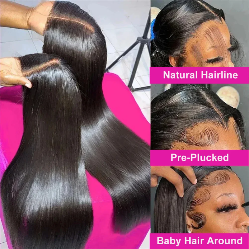Peluca recta precortada sin pegamento, 100 % cabello humano, pelucas frontales de encaje HD para mujeres_voghion.com
