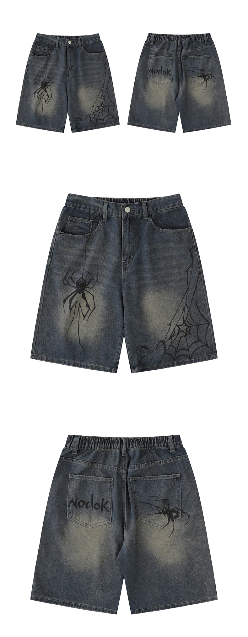 TIDEEKU Herrenbekleidung | Hellblaue, gerade, lockere Jeansshorts im Retro-Wasch-Look mit Spinnenprint für Herren_voghion.com