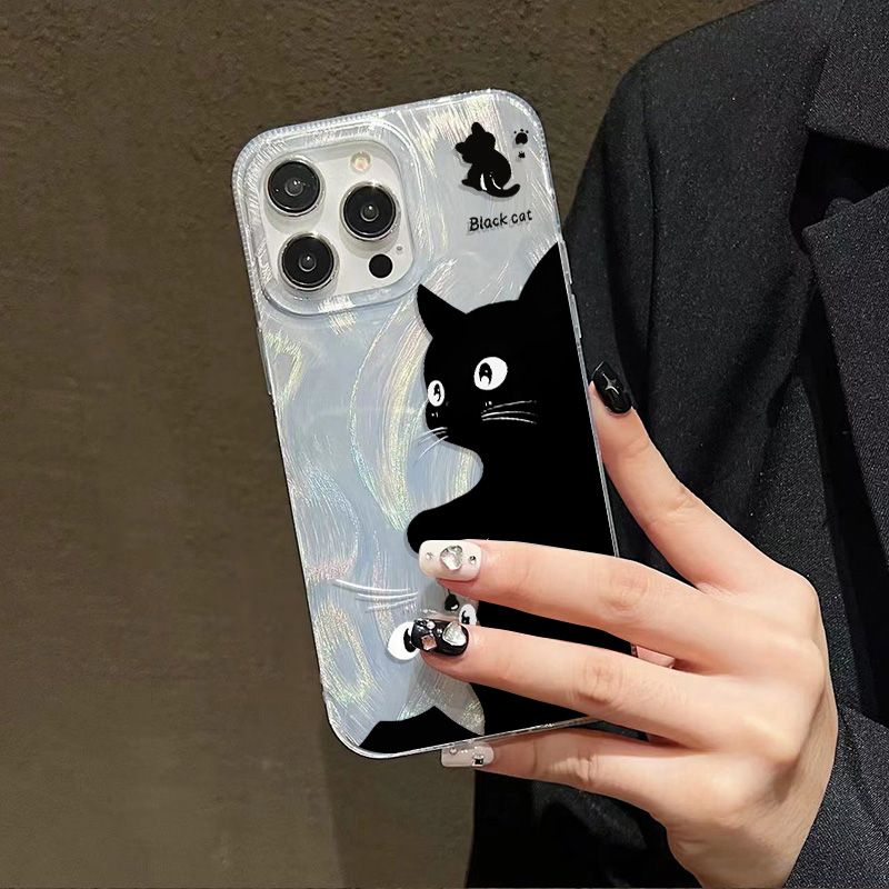 Custodia per telefono con gatto nero dei cartoni animati per iPhone 16 15 Custodia per iPhone 13 11 12 14 Pro Max XR XS X 7 8 Plus SE2 Custodia con piume argentate_voghion.com