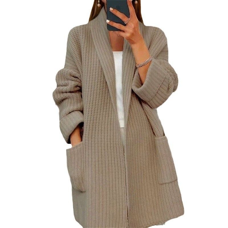 Abbigliamento da donna autunno 2024 nuovo cardigan con scollo a V tinta unita, maglione ampio con tasche, cappotto_voghion.com