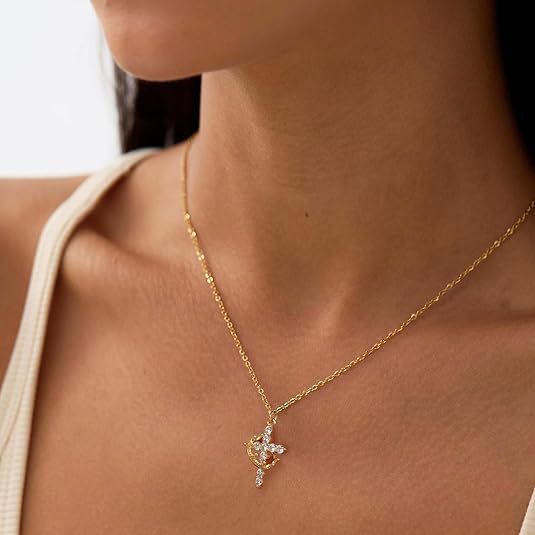 Collana semplice con corona placcata in oro 14 carati e croce per donna_voghion.com