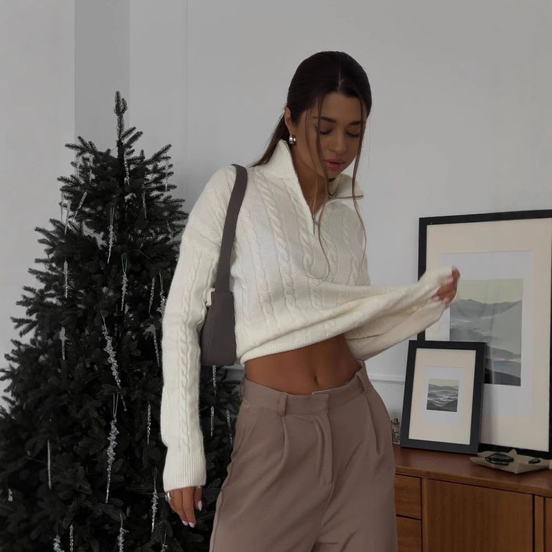 Pullover lavorato a maglia con spalle cadenti, tinta unita, a maniche lunghe, con cerniera a mezza lunghezza, da donna, autunno inverno_voghion.com