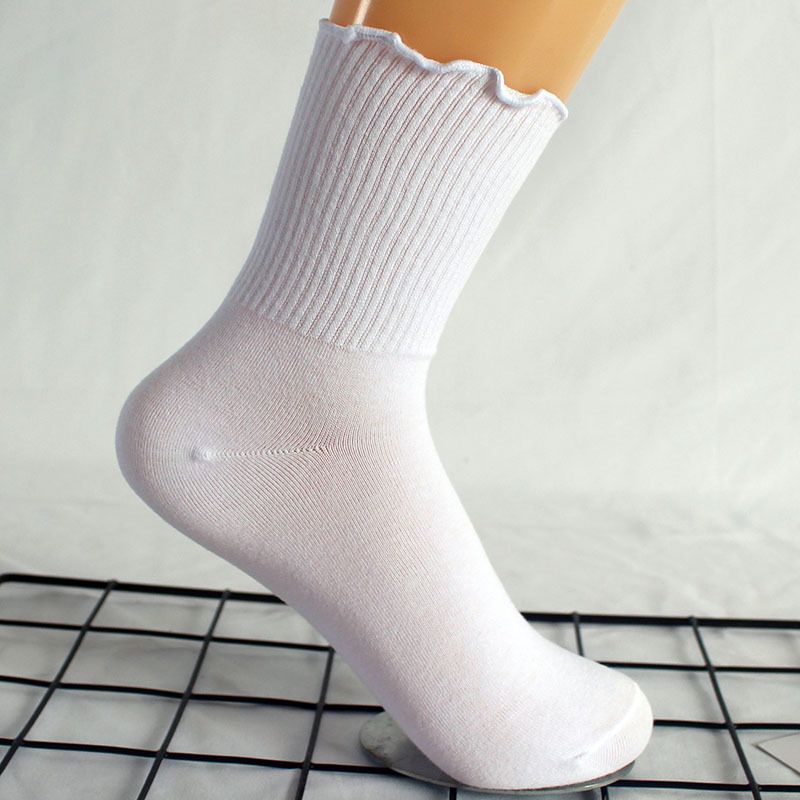 Calzini da donna Calzini alla caviglia plissettati da donna Calzini autunnali invernali in cotone con pizzo alle orecchie in legno Calzini a tubo medio da donna in tinta unita_voghion.com