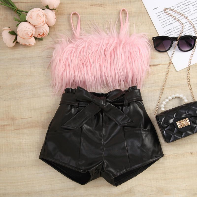 Mother & Kids Children's Clothing Popular Spring And Summer Fur Suspenders Solid Color Leather Shorts Suit With Belt_voghion.com